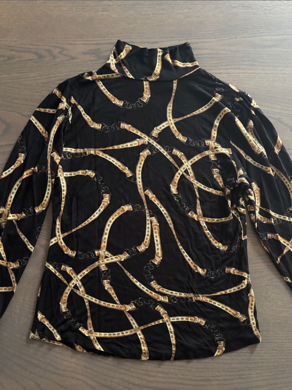 Zara Collection Black Long-Sleeve Mock Neck Top with Gold Chain Print